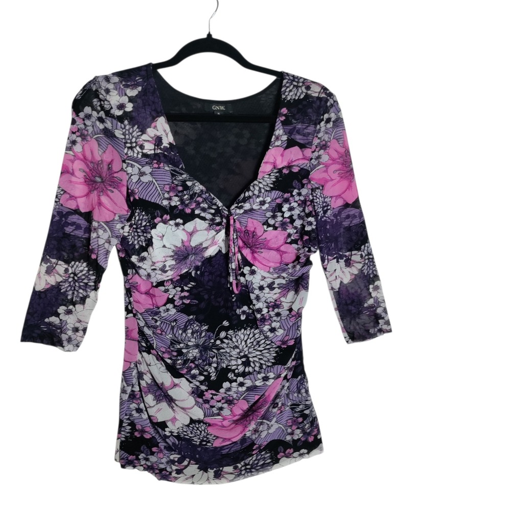 GNW Womens XL Purple Pink Floral Mesh V-Neck 3/4 Sleeve Ruched Blouse Top